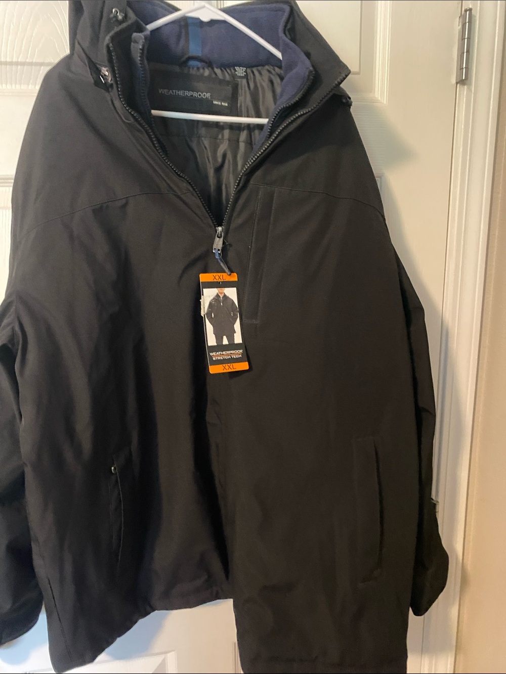 Weatherproof Men's Hooded Raincoat in Black with Navy Lining